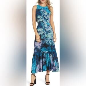 Maggy London Blue Multi Peekaboo Back Boho Chic Party Maxi Dress Size 10